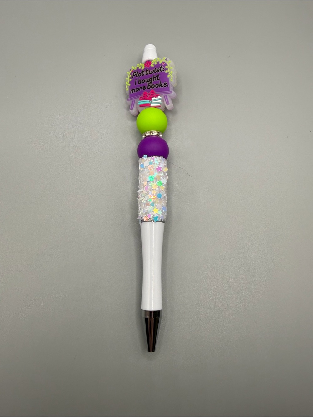 Novelty Beaded White Pen with Purple & Lime Accents  - Handmade #O0154C